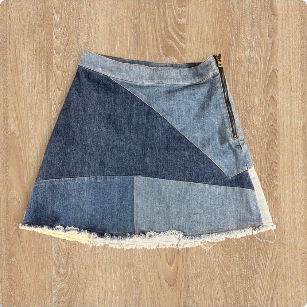 Patchwork Denim Mini‎ Skirt Raw Hem Y2K Colorblock A-Line Size M Boho